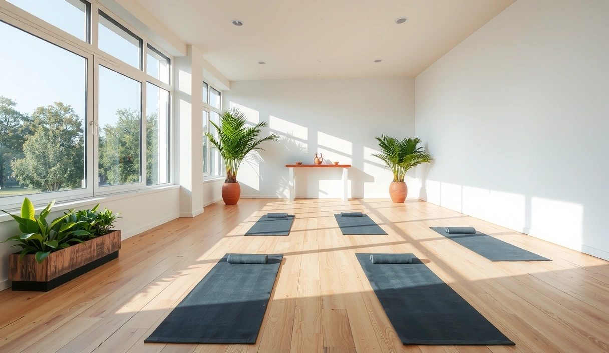 A serene yoga studio interior with natural light, green plants, and yoga mats laid out, empty and welcoming.