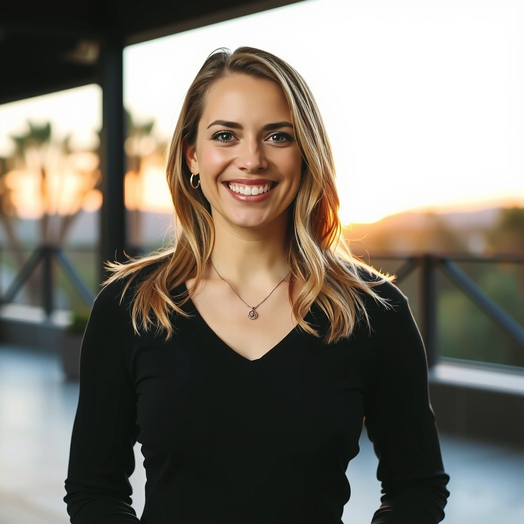 Professional portrait of Sarah Miller, an energetic and inspiring yoga instructor, against a vibrant, airy background.