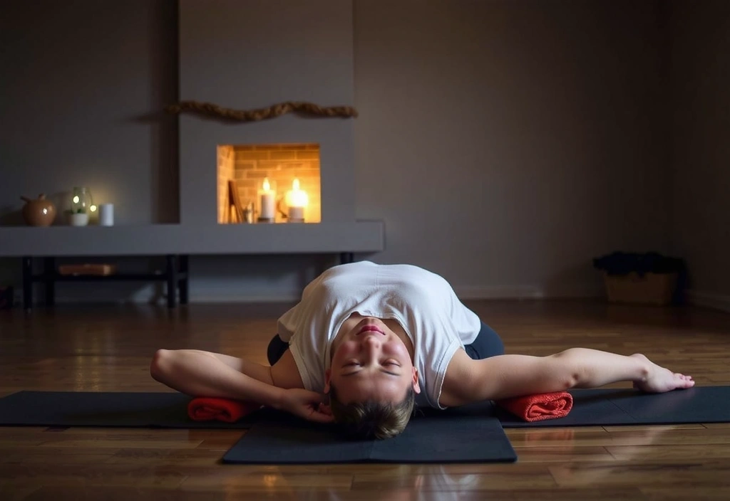 Person relaxing in a supported Restorative yoga pose with props, emphasizing comfort and peace.
