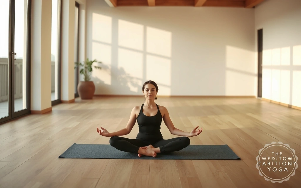 A person meditating peacefully in a yoga studio with soft lighting