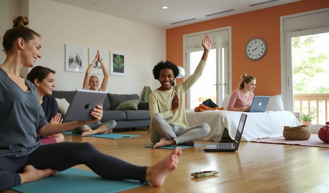 A diverse group of people smiling and practicing yoga online together on various devices, showcasing community and connection.