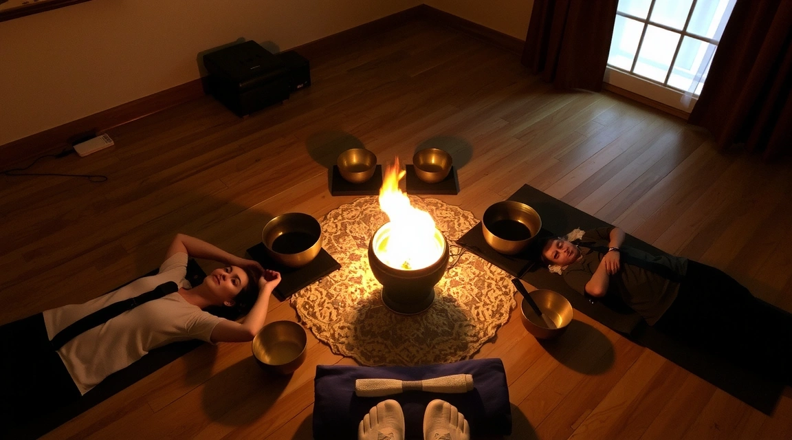 A sound healing session with singing bowls and participants relaxing.