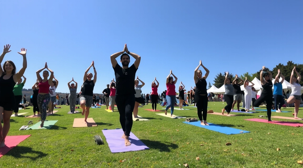 Group of people practicing yoga outdoors during a summer festival.