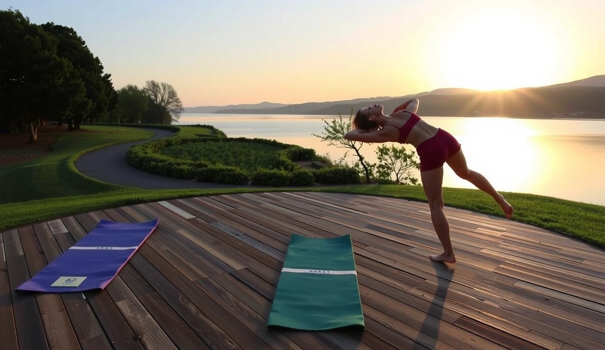Peaceful outdoor setting for a yoga retreat, focus on nature and tranquility, no text.